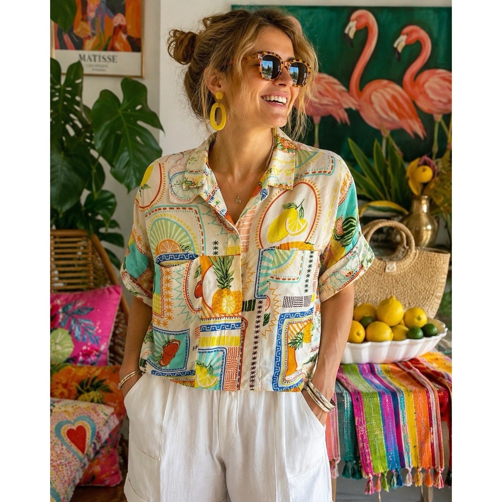 April‎ Kiss Fruit All Over Print Linen Blend Boxy Top M Tropical Coastal Lemon